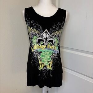 Y2K Cabbage Patch Womens Graphic Tank Top Black Neon Green Rhinestone Shredded M
